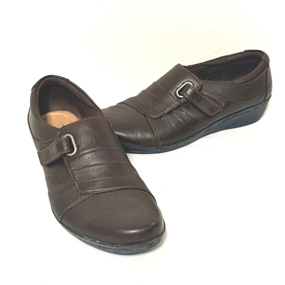 Clarks Collection Everlay Luna Shoes Sz 6 Brown Leather Hook Loop Strap Slip On